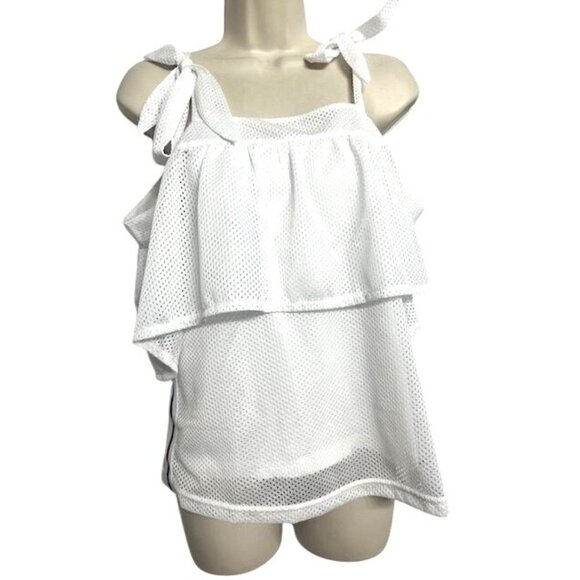 Puma Women White Mesh Active Off-Shoulder Tie-Strap Layered Ruffle Sporty Top S - Picture 2 of 5